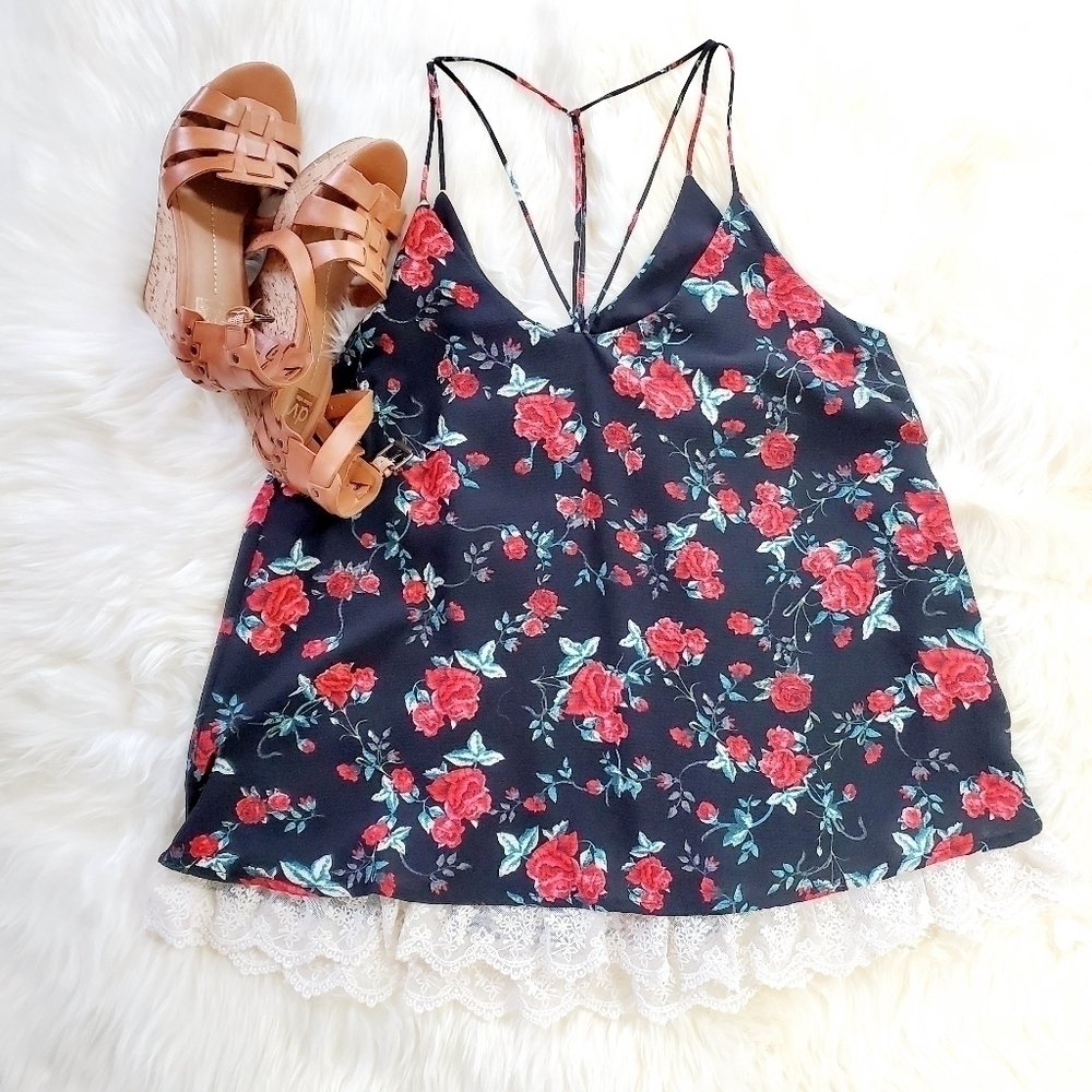 UMGEE Black & Red Floral Strappy Top Lace Hem Boho Romantic Festival Style